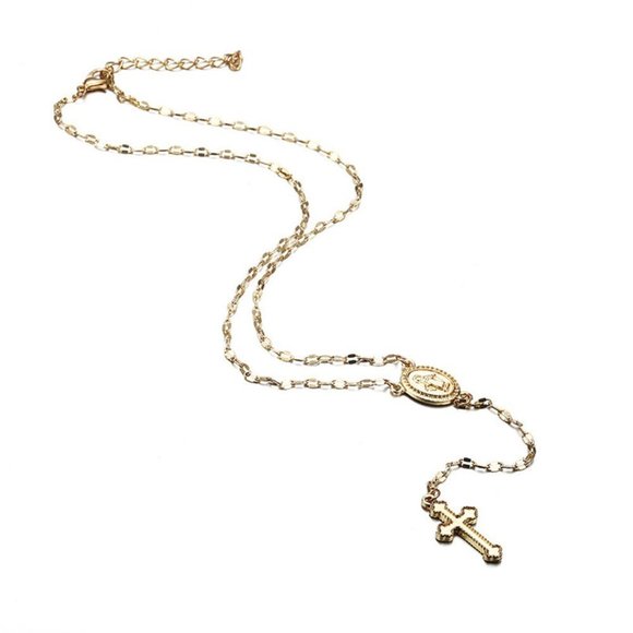 Rosary Rose Gold Cross Madonna Religious Catholic Christian Coin Necklace - Picture 3 of 10